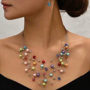 Rainbow Beaded Multi-Strand Necklace & Earring Set – Colorful Statement Jewelry